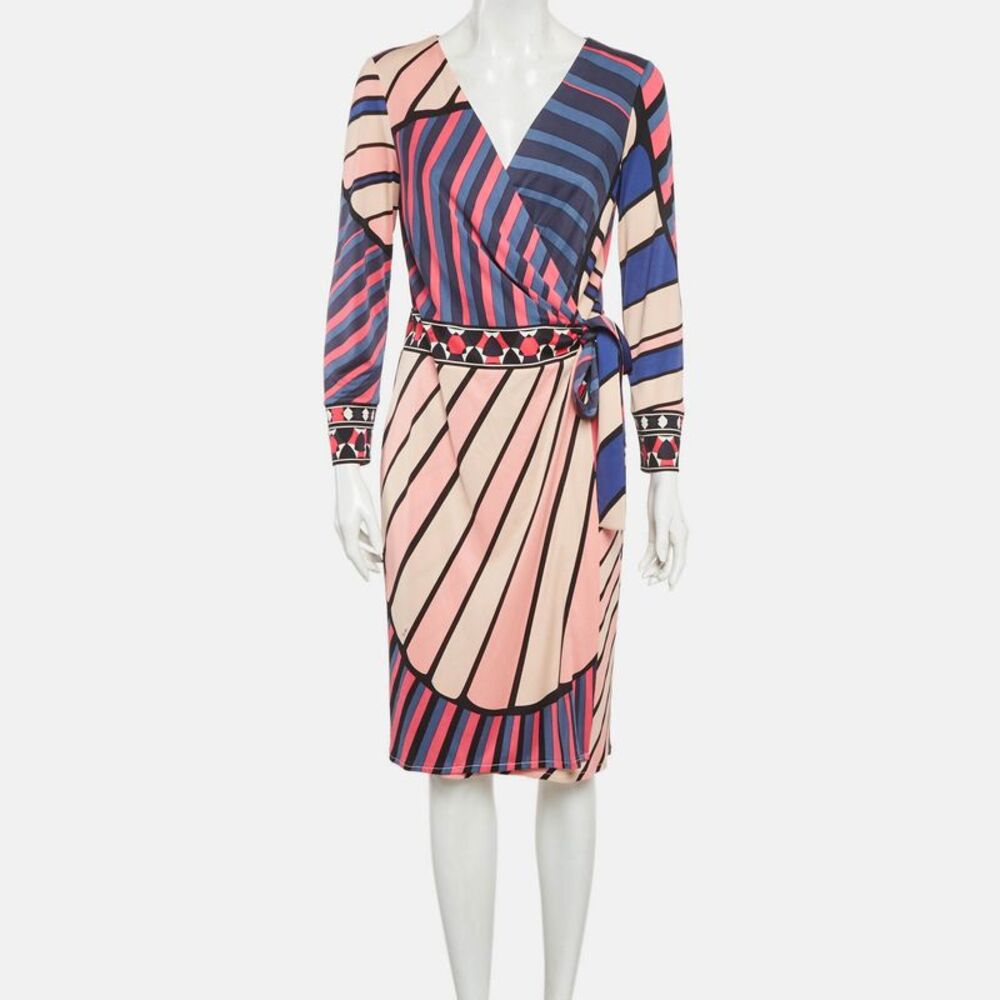Emilio Pucci Pink Stripe Print Jersey Midi Wrap Dress L - Picture 2 of 7